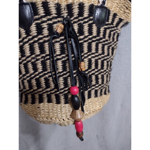 PATRICIA NASH MAYA Woven Straw Bucket Bag Purse Leather Trim Tassel Zip Italy - Picture 5 of 16